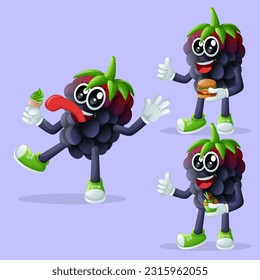 Set of cute blackberry characters enjoying food. Perfect for kids, merchandise and sticker, banner promotion or blog

