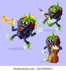 Set of cute blackberry characters playing musical instruments. Perfect for kids, merchandise and sticker
