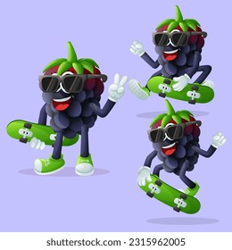 Set of cute blackberry characters skateboarding. Perfect for kids, merchandise and sticker, banner promotion or blog
