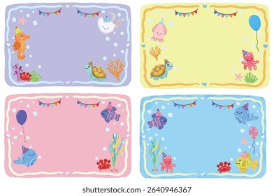 set cute blank empty hand drawn blue colorful sea ocean animals theme kids birthday party greeting card notes name label memo doodle bunting flag garland crayon watercolor kids illustration design