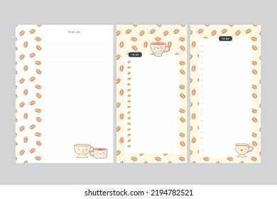 Set of cute blank notepad with cup and coffee. Hand drawn vector illustration. Template paper for sticker note, memo. Cartoon style. Isolated.