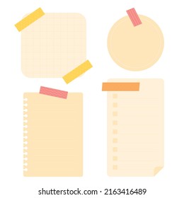 Set of cute blank paper sticky notes with colorful decoration tapes. Flat vector illustration.