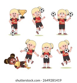 set de bonitão loira menina personagem dos desenhos animados jogando futebol