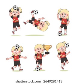 conjunto de bonitão loira menina personagem jogando futebol com pose diferente