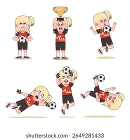 conjunto de bonitos Blonde Menina Personagem Jogando Futebol