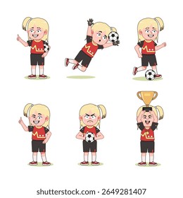 conjunto de bonito loiro menina de cabelo longo personagem jogando futebol com pose diferente