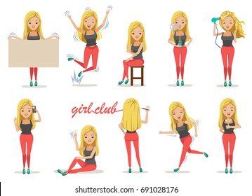 Set Cute blonde girl.  variety of emotions and poses. Holding a sign, jumping, sitting, chewing gum, styling, phone, finger up, writing, running, Vector illustration Isolated on White background 
