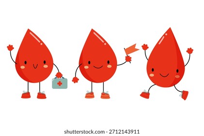 A set of cute blood drop characters with different poses and emotions. Suitable for medicine and posters.