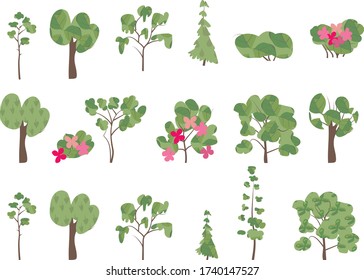 Set with cute blossoming trees