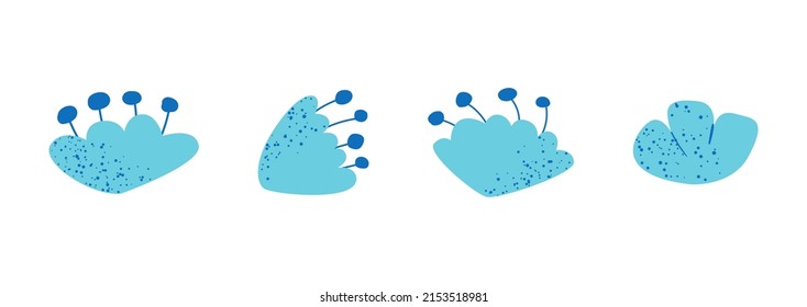 Set of cute blue abstract flowers. Vector textured illustration. Organic shapes. Naive art