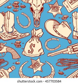 Set of cute blue and beige seamless cowboy accessories. hand-drawn illustration