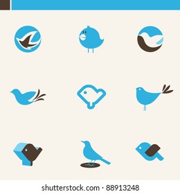 Set of cute blue birds. Icons set.