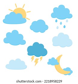 Set of cute blue cloud cartoon vector illustration.	