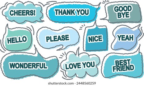 Set of cute blue color dialog box with positive word. Variety of hand draw with crayon speech bubble. Retro greeting memo doodle. Cartoon style message. Cheers, Thank you, Hello, Love, Best Friend.