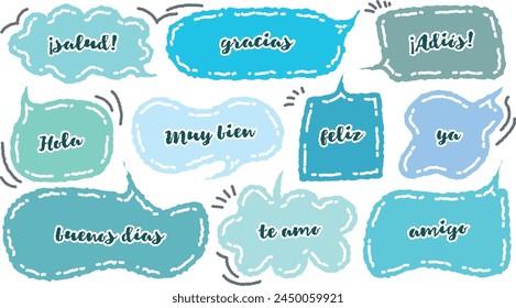 Set of cute blue color dialog box with French greeting words. Variety of hand draw with crayon speech bubble. Retro greeting memo doodle. Cartoon style message. Bonjour, Merci, Amour, Ohlala, Salut