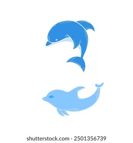 Set of cute blue dolphin. Hand drawn  elements. Sea animals. Vector doodle cartoon set of marine life objects for your design.