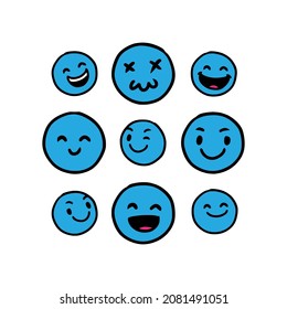 Set of cute blue emoticon hand drawn with isolated background vector. Premium quality symbols and sign web logo collection. Simple and modern emoticons pictograms.