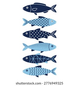 Set of cute blue fish with different geometric patterns and decorative designs Vector, illustration