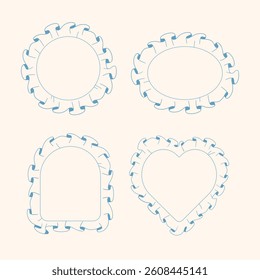 Set of cute blue hand-drawn frames with ruffles in round, oval, arched, and heart shapes. Perfect for baby design, scrapbooking, cards, and children's decor.