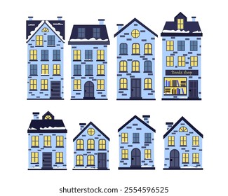 Set of cute blue houses on a white background. Design elements for Christmas and New Year compositions, vector illustration in flat style.