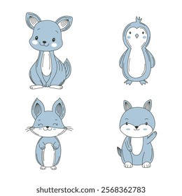 Set of Cute Blue Kangaroo Penguin Fox Animal Cartoon Character Vignetting