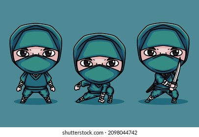 set of cute blue ninja design
