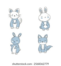 Set of Cute Blue Rabbit Fox Animal Cartoon Character Vignetting