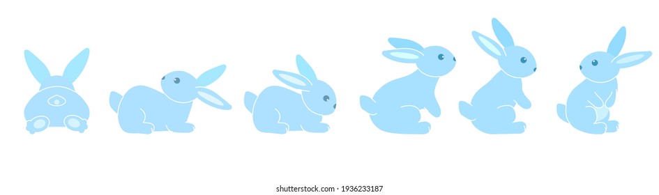 Eine Reihe süßer blauer Kaninchen. Sechs farbige Sitze und Liegen auf weißem Hintergrund. Festliche Ostersterne. Vektorgrafik