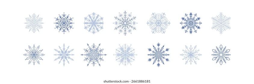 Set of cute blue silver snow flakes on white background. Winter cold, crystal ice, frozen concept. Line snowflakes hand drawn icons. Merry Christmas and Happy New Year design. Festive border
