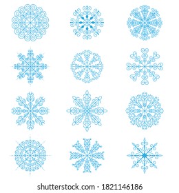 Conjunto de bonitos copos de nieve azules aislados en un fondo blanco. Elementos de decoración invernal para postales, papel envolvente, carteles y más. Ilustración vectorial de existencias para la decoración y el diseño