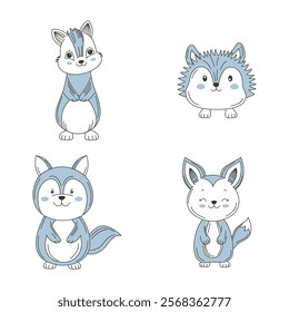 Set of Cute Blue Squirrel Chipmunk Mini Hedgehog Fox Animal Cartoon Character Vignetting