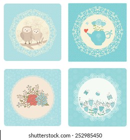 Set of cute blue vector cards. Ornamental background, lace, cute flowers and owls. Ideal for scrap booking, celebration card, invitation.