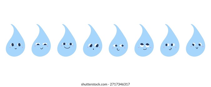 Set of cute blue water drop characters with different facial expressions.