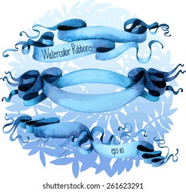 Set of cute blue watercolor ribbons isolated on white background