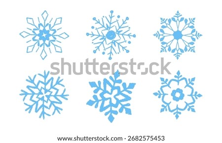 Set of cute blue Xmas snowflakes drawn in pastel, crayon, chalk, and charcoal textures. A holiday collection for kids featuring frozen, grunge style Christmas crystal squiggle art. Vector illustration