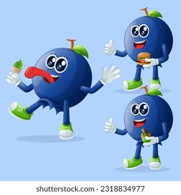 Set of cute blueberry characters enjoying food. Perfect for kids, merchandise and sticker, banner promotion or blog
