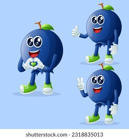Conjunto de personajes lindos de arándanos azules haciendo signos de mano juguetones. Perfecto para niños, mercadería y pegatinas, promoción de banners o blog
