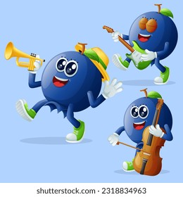 Juego de personajes lindos del arándano azul tocando instrumentos musicales. Perfecto para los niños, mercadería y pegatinas
