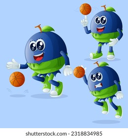 Set of cute blueberry characters playing basketball. Perfect for kids, merchandise and sticker, banner promotion or blog
