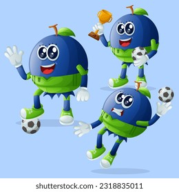Set of cute blueberry characters playing soccer. Perfect for kids, merchandise and sticker, banner promotion or blog

