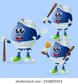 Set of cute blueberry characters playing baseball. Perfect for kids, merchandise and sticker, banner promotion or blog
