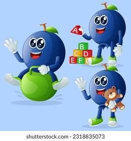 Set of cute blueberry characters playing with kid toys. Perfect for kids, merchandise and sticker, banner promotion or blog
