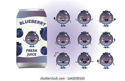 Set of cute bluebery designs with aluminium cans packaging mockup vector