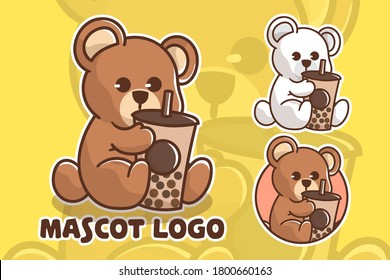 set of cute boba bear mascot logo with optional apprearance. premium kawaii vector