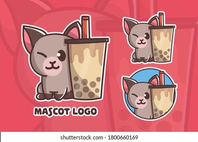 set of cute boba cat mascot logo with optional apprearance. premium kawaii vector