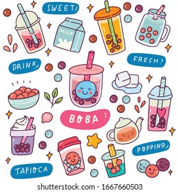 Set Cute Boba Drink Vector Illustration