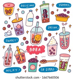 Set of Cute Boba Drink Vector Illustration