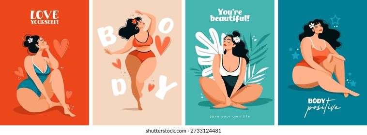 Conjunto de ilustrações bonitinhas e positivas sobre amar a si mesmo e ao seu corpo. Projeto de tendência de vetor plano