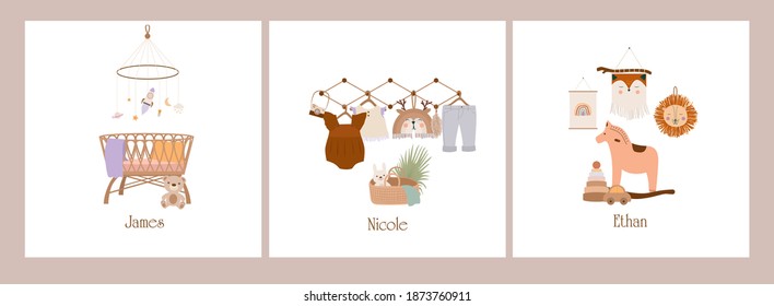 Set of cute boho baby cards in Scandinavian style. Cartoon doodle kids clipart for baby shower invitation card, poster. Editable vector illustration.