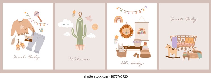 Set Of Cute Boho Baby Cards In Scandinavian Style. Cartoon Doodle Kids Clipart For Baby Shower Invitation Card, Poster. Editable Vector Illustration.